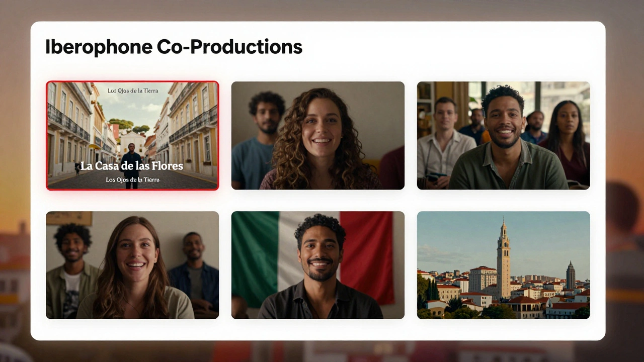Viewers in Lisbon, Mexico City, and São Paulo watching Iberophone films on streaming screens, smiling in recognition.