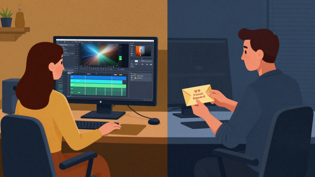 Woman editing film alone while male colleague receives a bonus envelope.