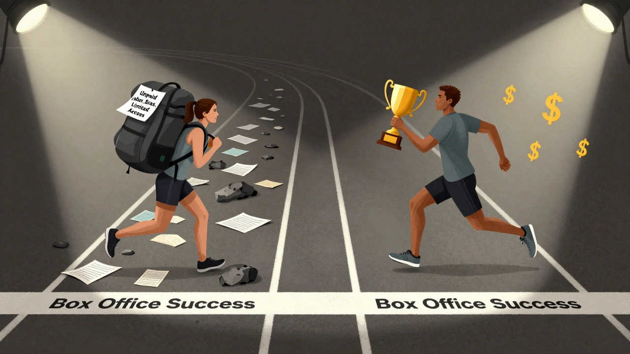 Woman runner carrying heavy backpack on race track, man running freely with trophies, symbolic of pay gap.