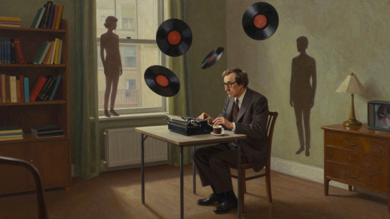 Woody Allen in a 1970s New York apartment, surrounded by floating jazz records and character silhouettes.