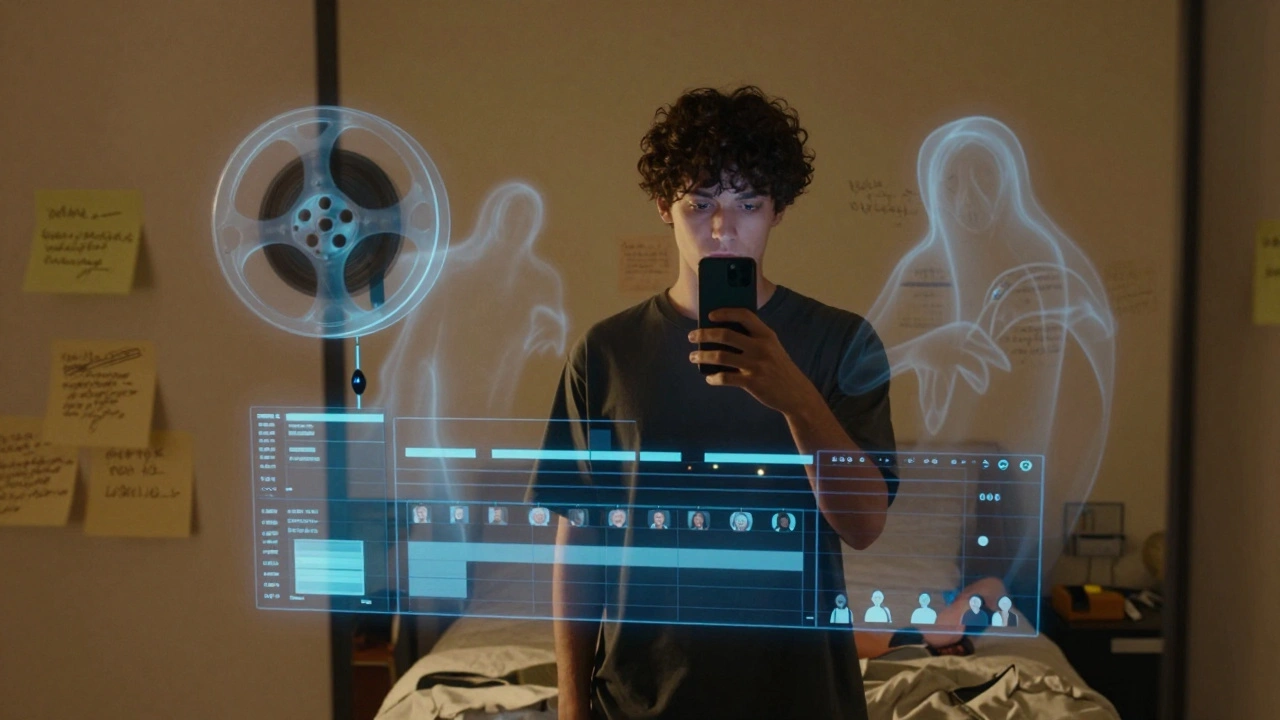 Young actor-director filming themself in a mirror, with film reels and editing timelines swirling around them.