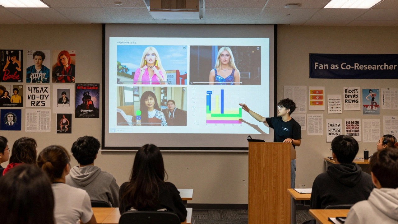Young presenter showing audience reaction heatmaps from fan videos during a film studies panel.