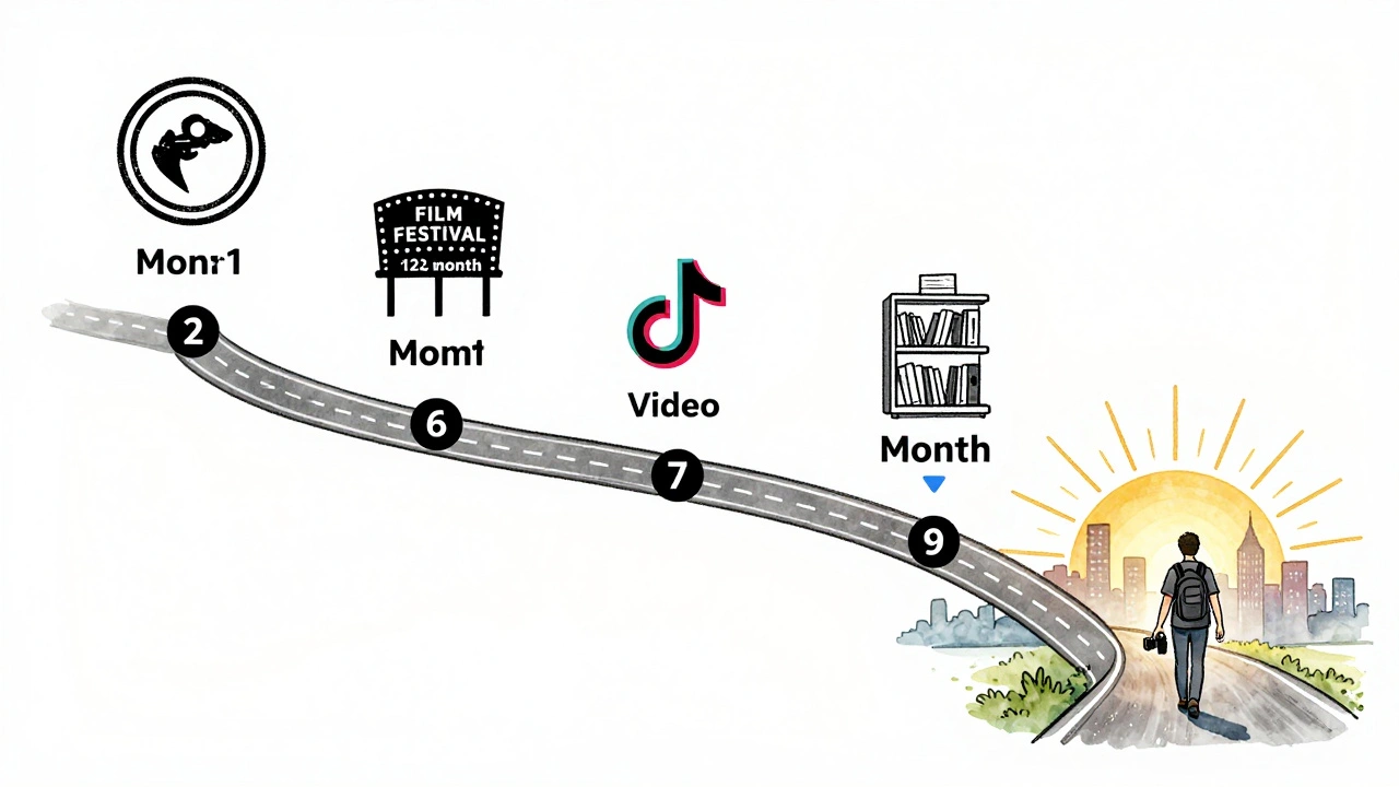 12-month timeline road through seasons with film distribution milestones and sunrise ending.