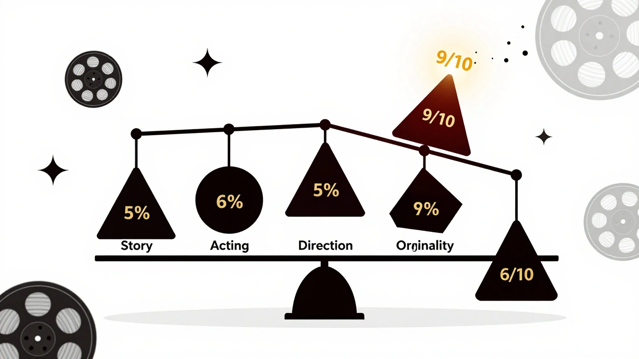 A balanced scale with five weighted film review categories, one side high, one low, in minimalist vector art.