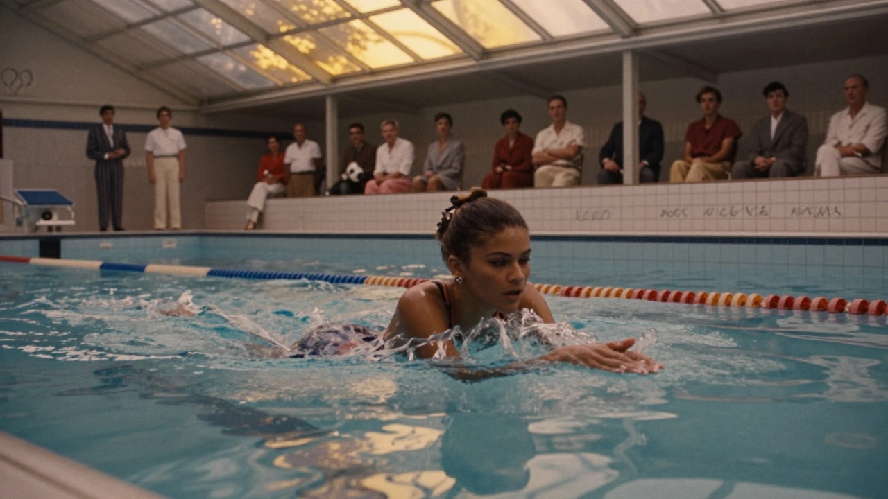A Black female swimmer in mid-stroke at the 1948 Olympics, golden light reflecting off the water as silent spectators watch.
