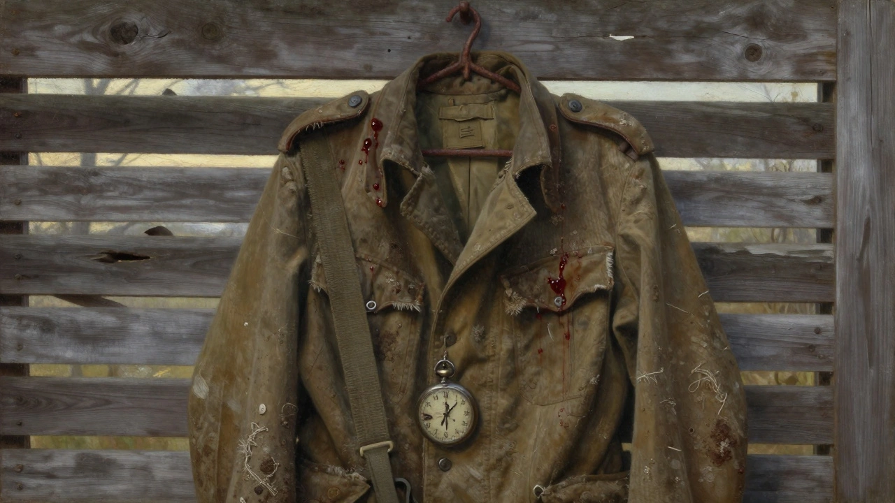 A bloodstained, muddy military jacket from 1917 hanging alone with a pocket watch.