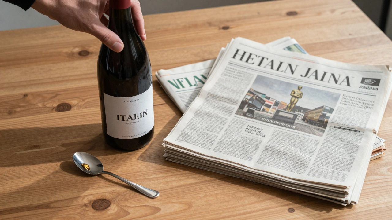 A bottle of wine and press clippings from multiple countries beside a reflected Oscar statuette.