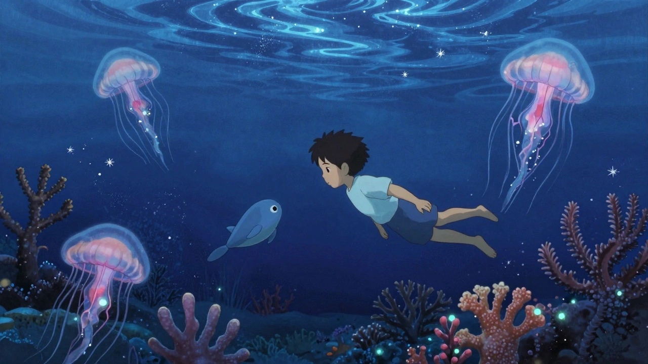 A boy and sea creature swimming in a glowing underwater world filled with colorful sound waves.