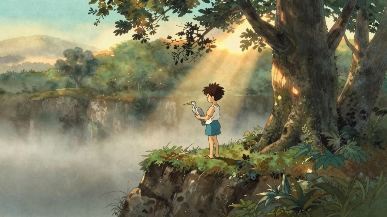 A boy gently holding a heron at dawn in a misty forest, soft light filtering through ancient trees.