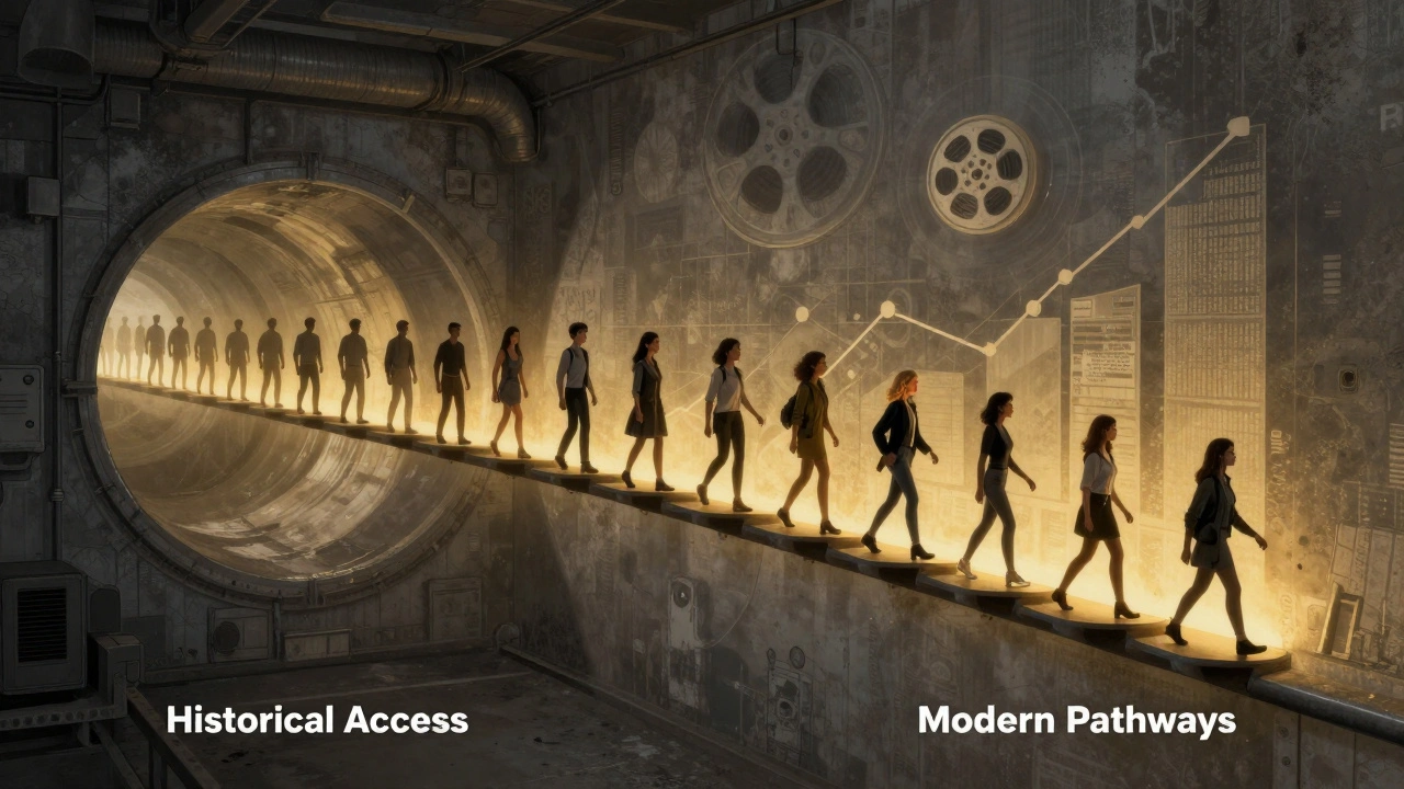 A branching pipeline showing women advancing through film crew roles, from narrow past to widening future.