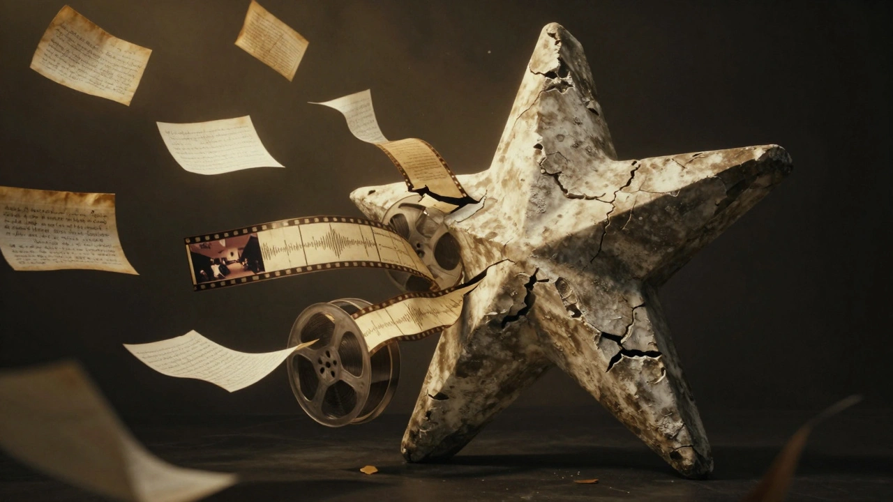 A broken star statue releasing film reels filled with critic notes and cinematic imagery, symbolizing depth beyond ratings.