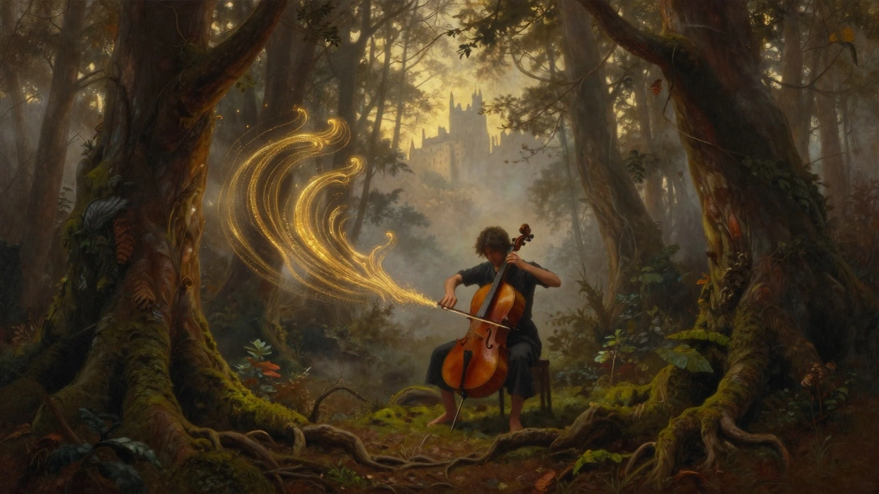A cellist plays in a misty ancient forest, golden sound waves rising into the dawn light.