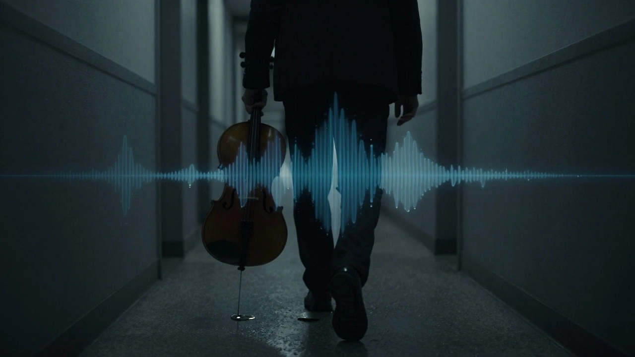 A character walking down a dark hallway with subtle sound waves representing dialogue, music, and effects in balance.