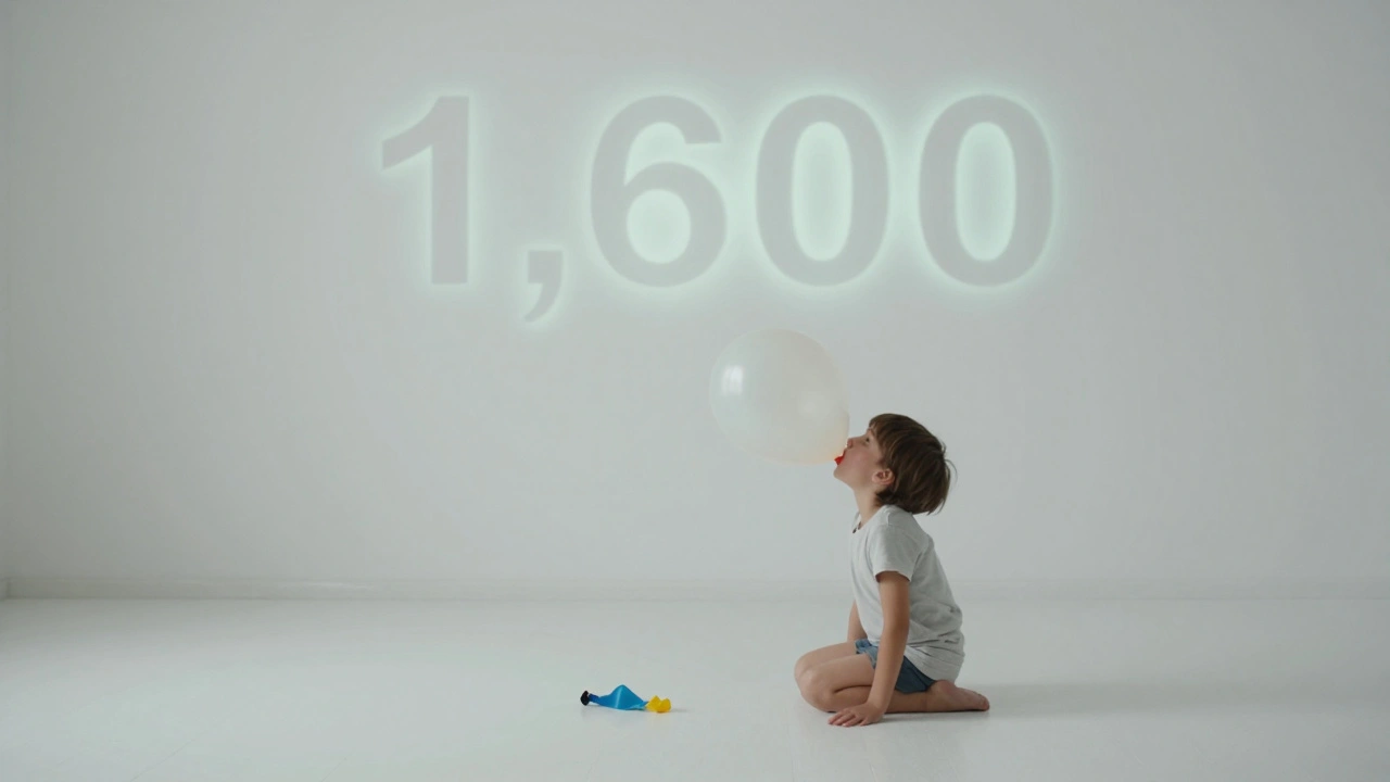 A child breathing into a balloon that pops, with the number 1,600 faintly visible in the background.