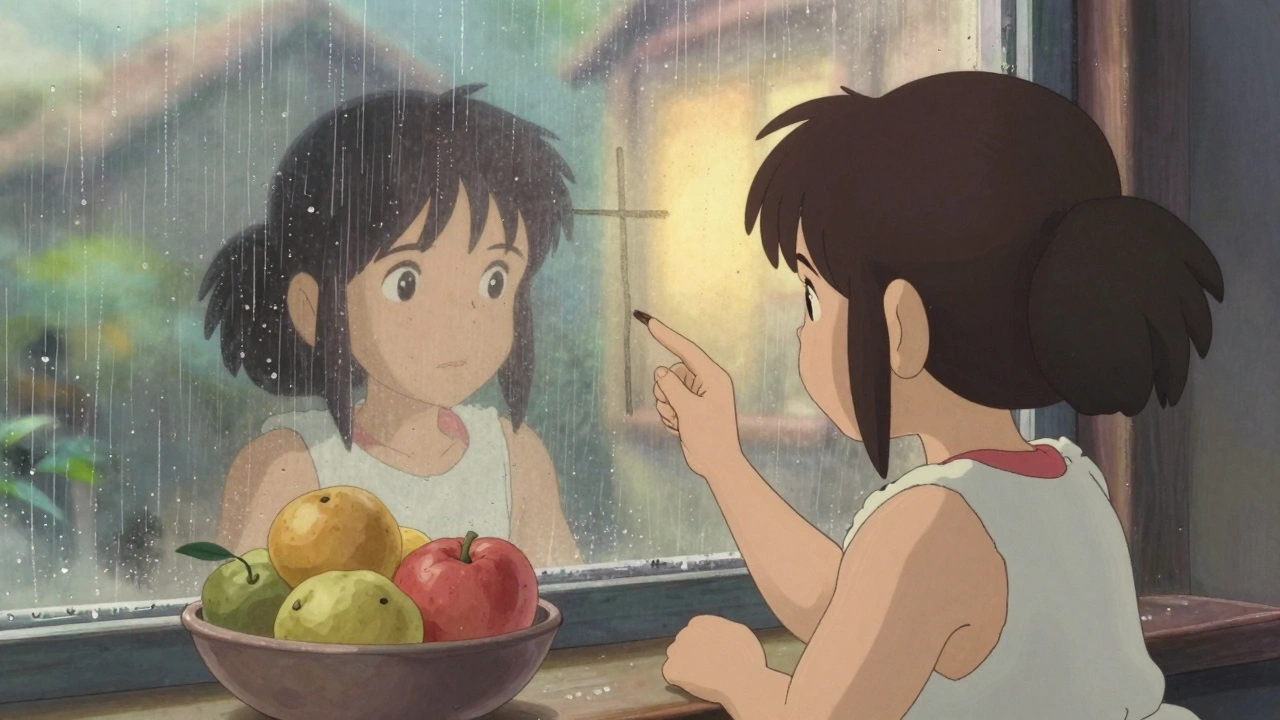 A child draws a cross on a fogged window while offering fruit by the sill.