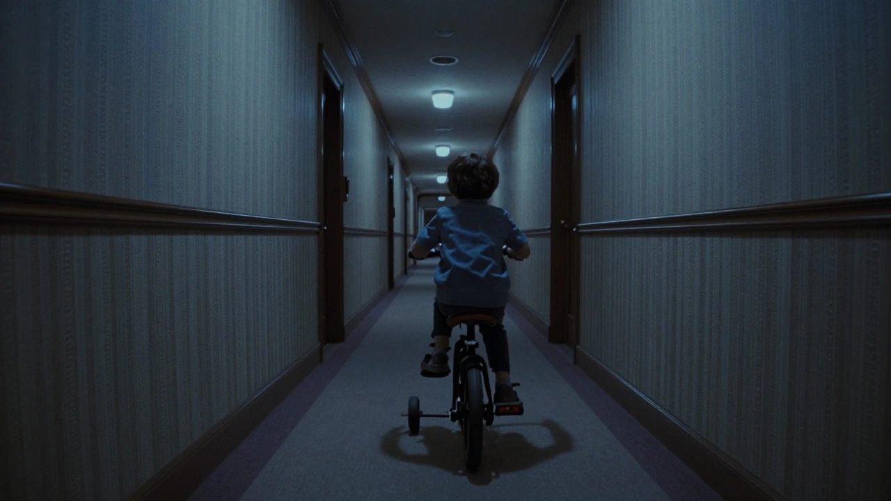 A child rides a tricycle down a long, eerie hotel hallway with repeating walls.