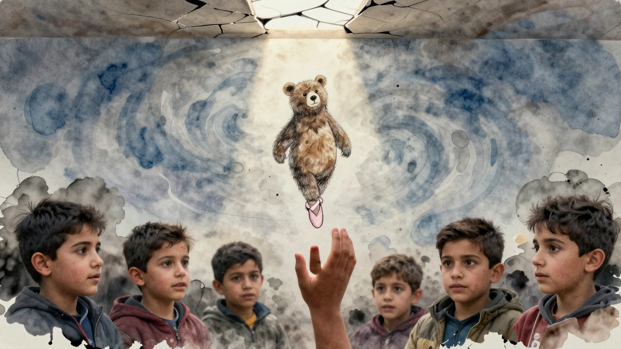 A child’s bear drawing above abstract watercolor faces of refugees, lit by a single beam of light.