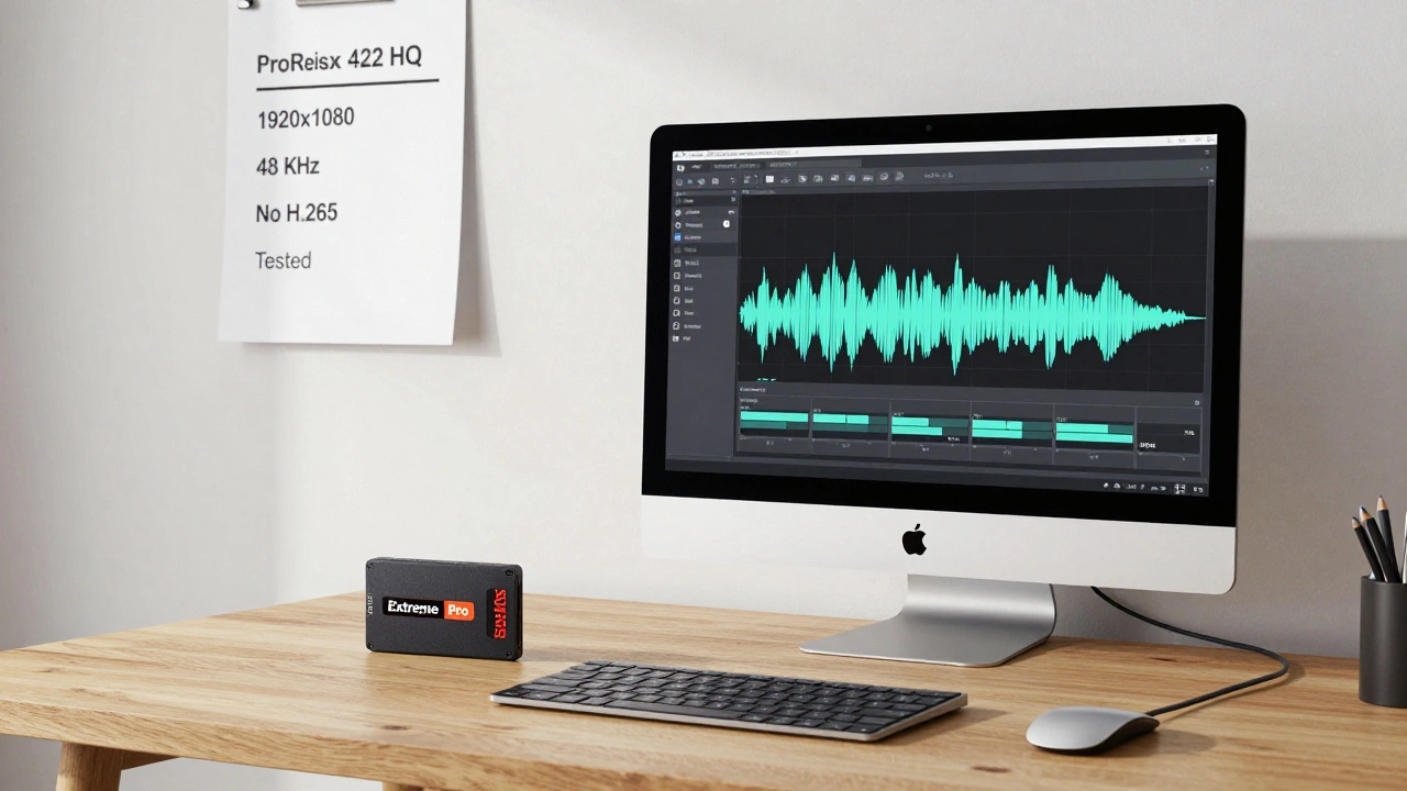 A clean workspace showing a properly exported film screener playing on a Mac with audio levels visible and a compliance checklist on the wall.