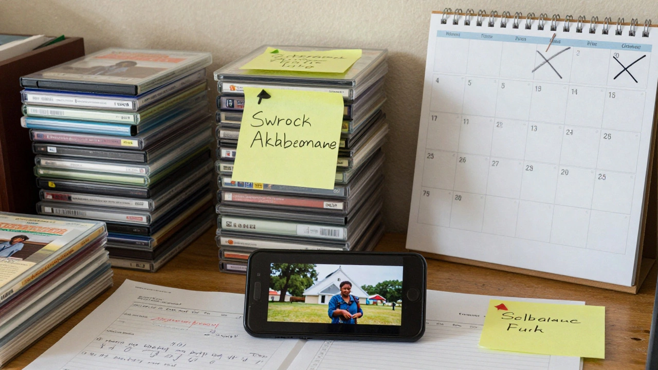 A cluttered desk with flagged films and a smartphone showing a rural documentary clip.