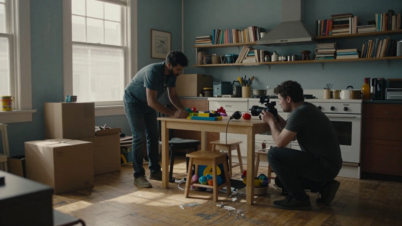 A cluttered, lived-in Brooklyn apartment with natural light streaming through windows during filming.