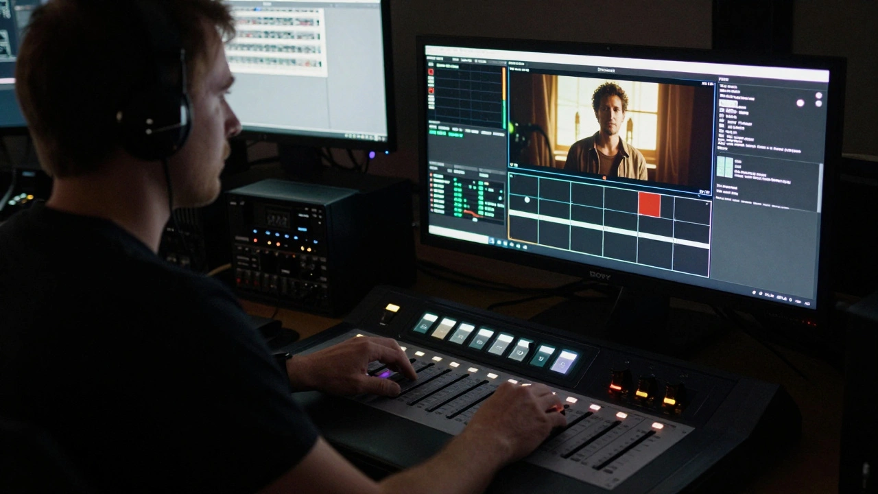 A colorist adjusting physical controls on a professional grading console in a dark room.