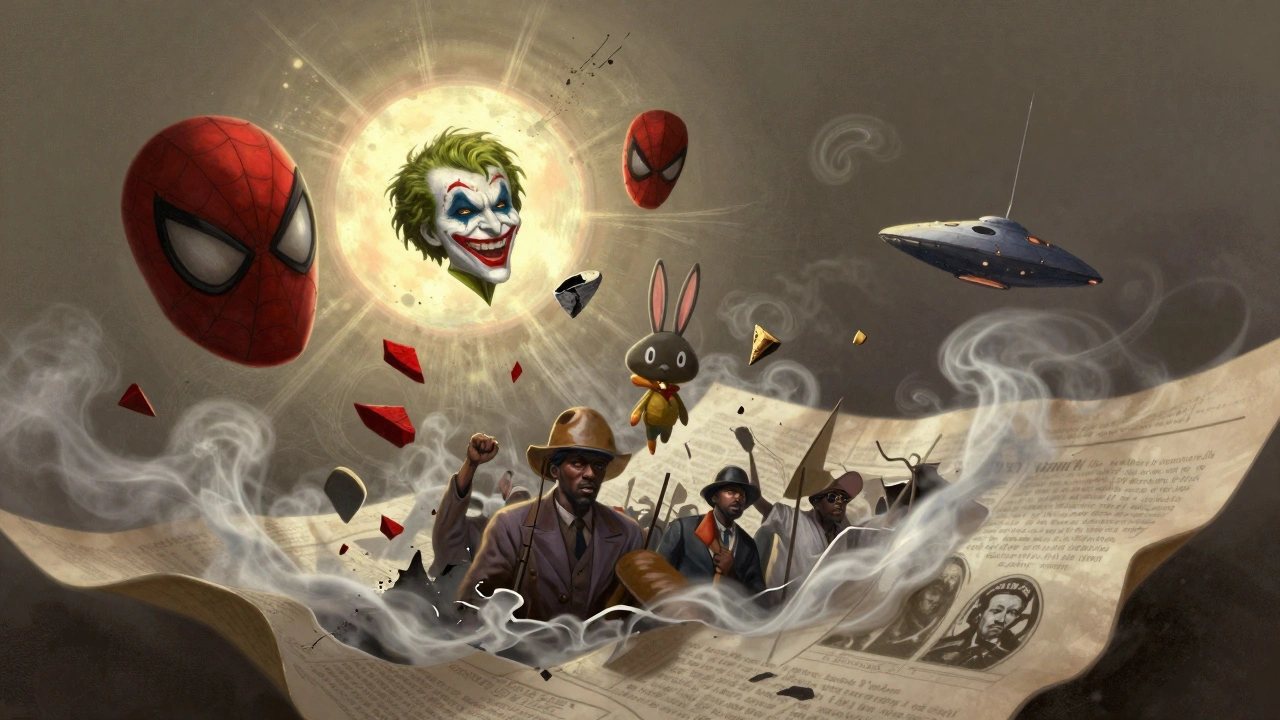 A comic book page disintegrating into floating icons of iconic graphic novel characters rising toward a glowing ink sun.