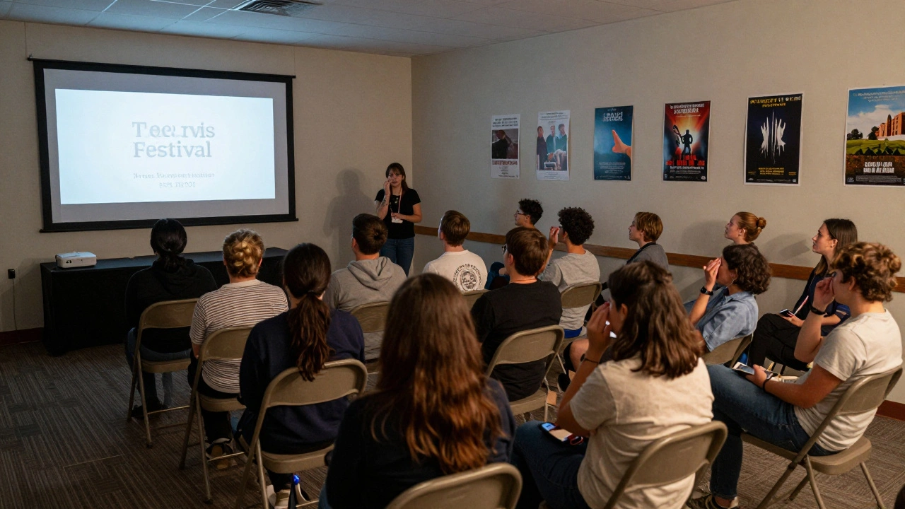 A community library screening a low-budget film with an emotional audience and the filmmaker present.