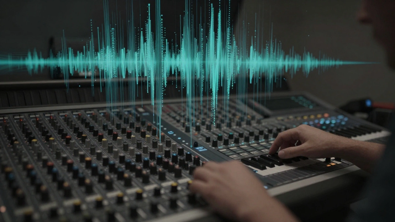 A composer adjusts a cello sample on a DAW while synth textures morph in the air, symbolizing seamless audio fusion.