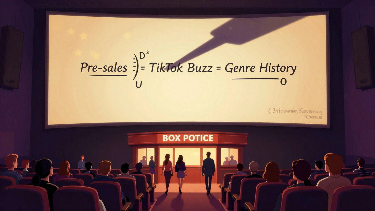 A conceptual illustration of a movie theater under a giant equation made of box office variables, with audience and streaming revenue in the foreground and background.