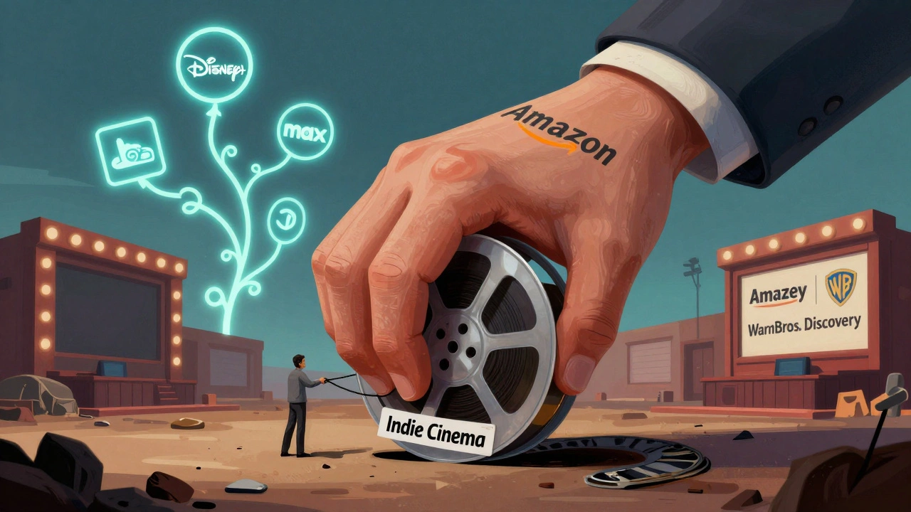 A corporate hand crushing an indie film reel while streaming icons rise around closed theaters.