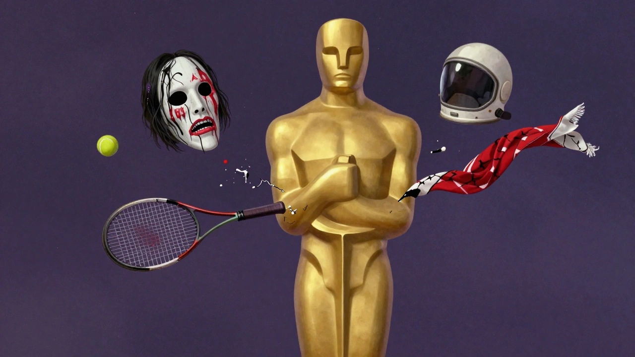 A cracked Oscar statue spills out symbols of snubbed films: horror mask, tennis racket, space helmet, and scarf.