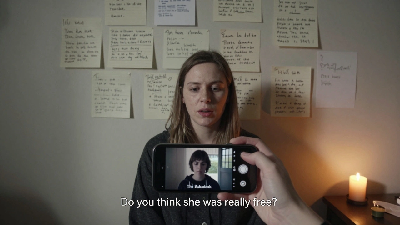 A creator speaking gently to the camera as clips from 'The Babadook' play behind her, surrounded by notes on grief and trauma.