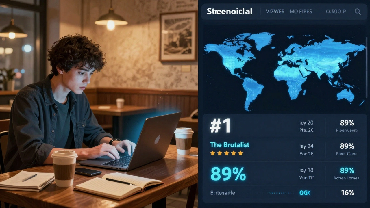 A critic writing a review as a streaming dashboard shows a film rising to #1.