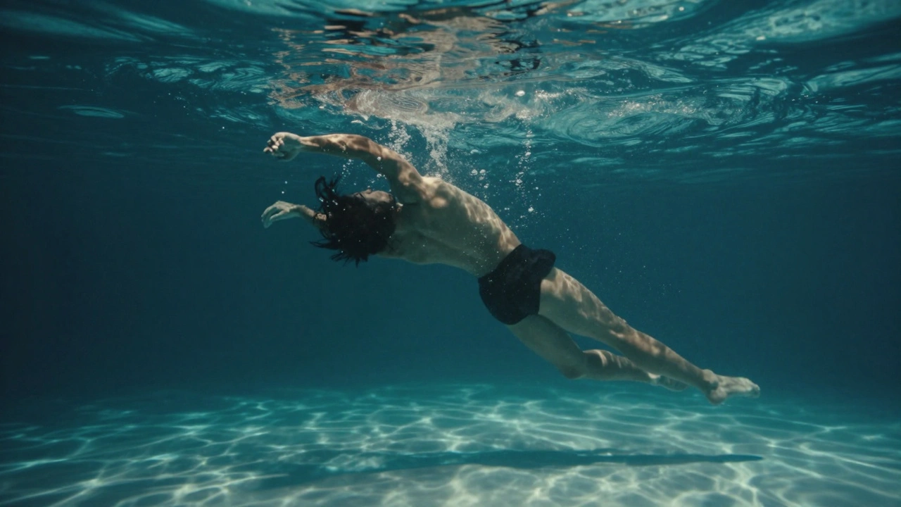A dancer moves slowly underwater, muscles rippling as light filters through the surface.