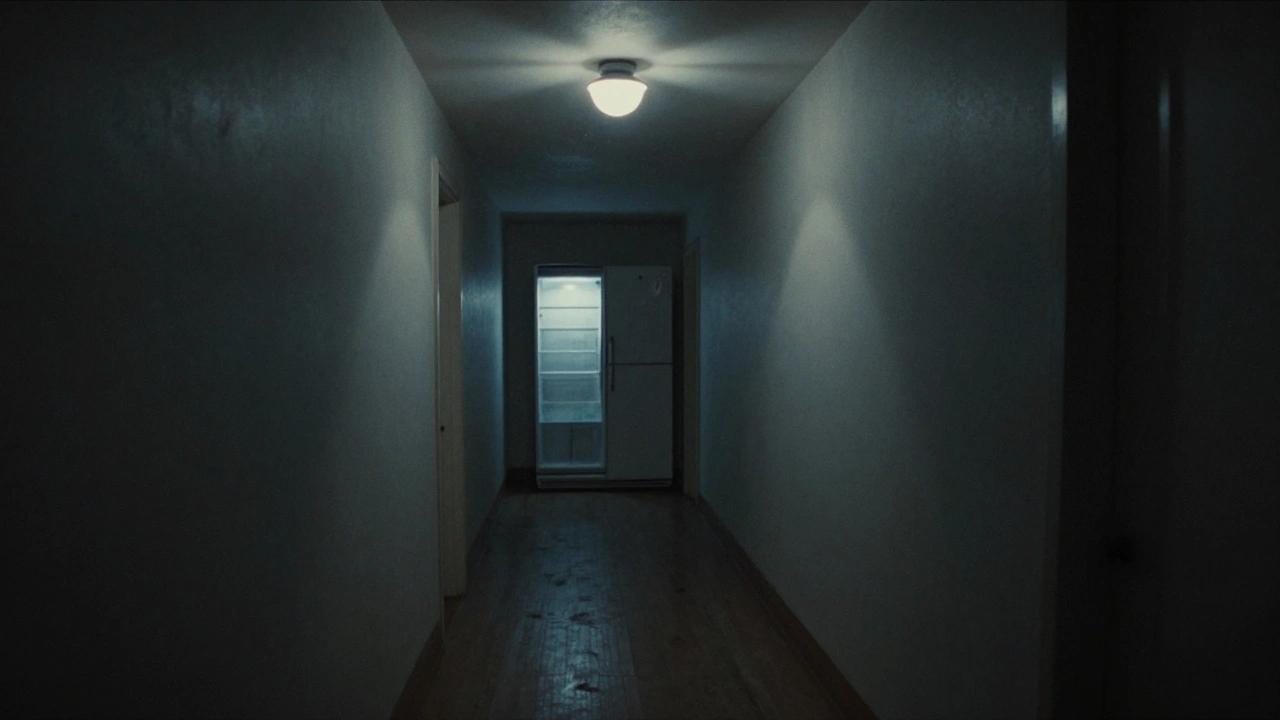 A dark hallway with a flickering light and humming fridge, evoking quiet dread.