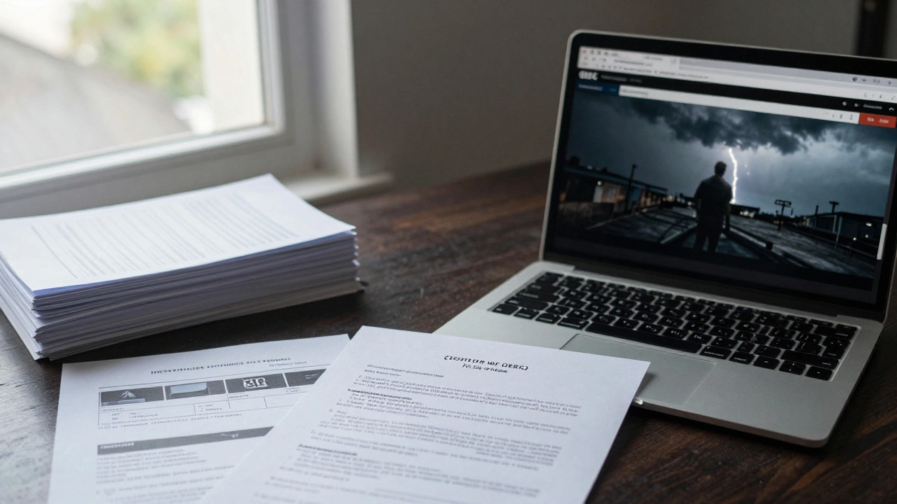 A desktop with SEC filing documents, financial papers, and a storyboard reel for a film.
