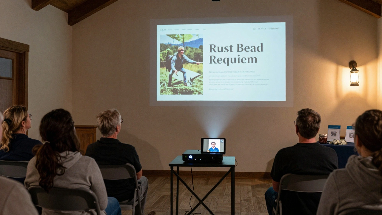 A documentary screens on a church wall in West Virginia, with viewers watching a live Zoom Q&amp;A under soft lantern light.