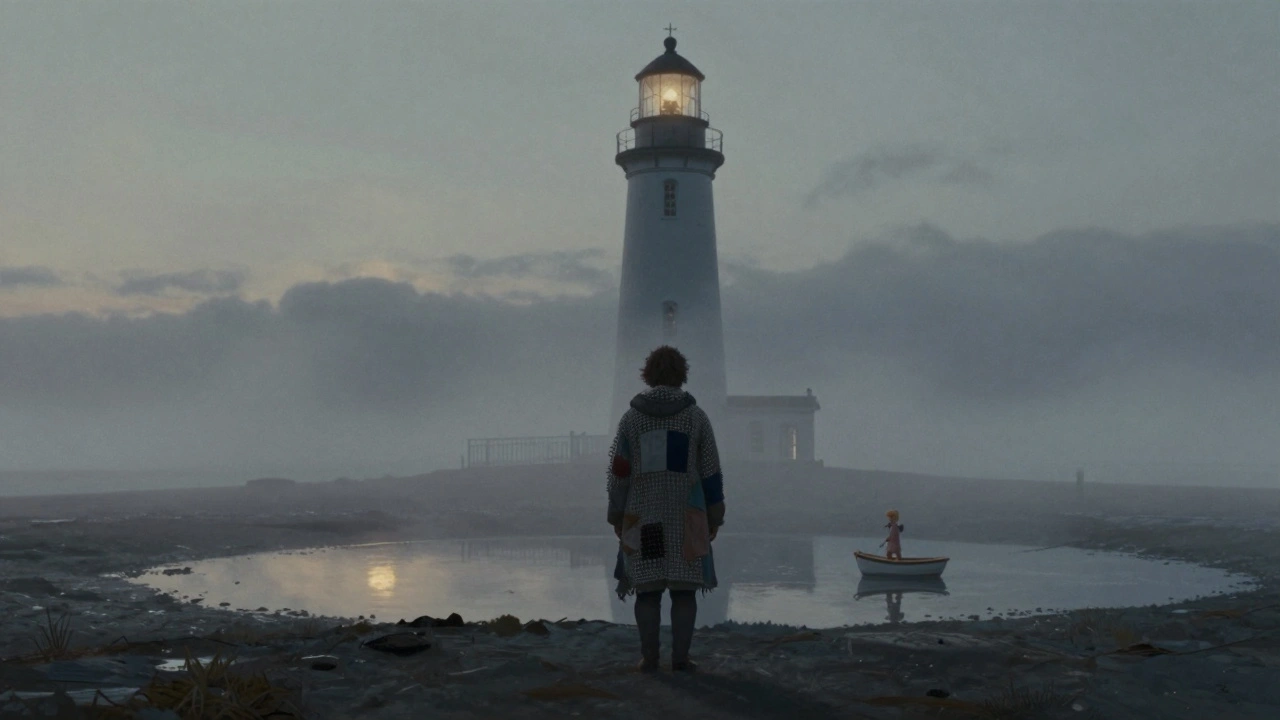 A figure in a stitched coat stands before a foggy lighthouse with a toy boat in a tide pool.