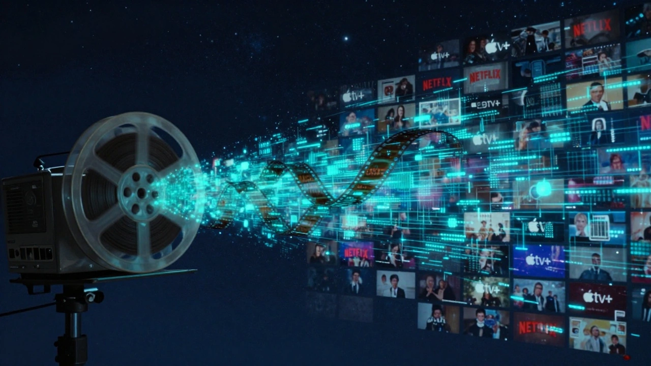 A film reel transforming into digital streams, symbolizing the shift from theaters to streaming.