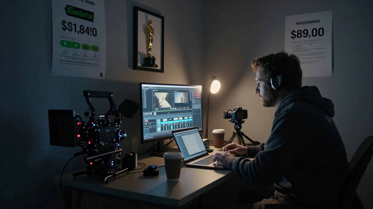 A filmmaker reviews footage in a cluttered garage, laptop glowing with editing software and a Kickstarter campaign on the wall.