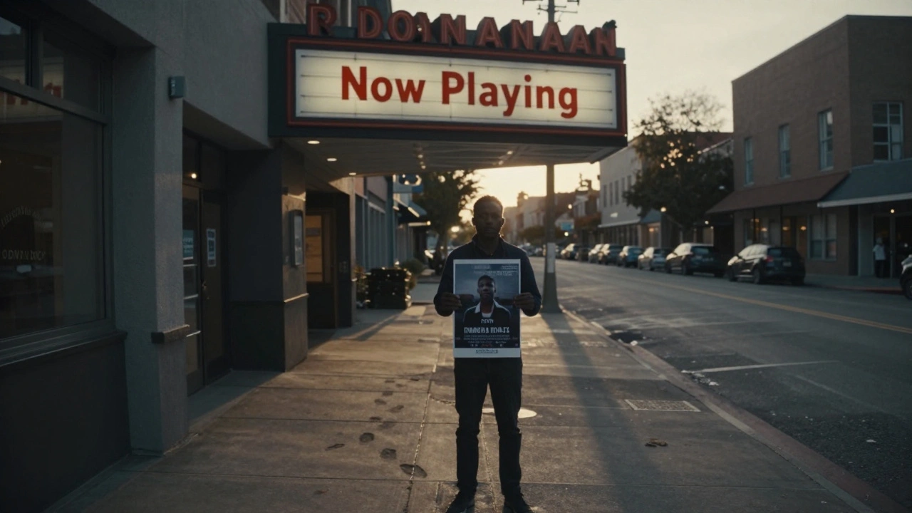 A filmmaker stands alone before a theater marquee displaying their documentary's title at dawn.