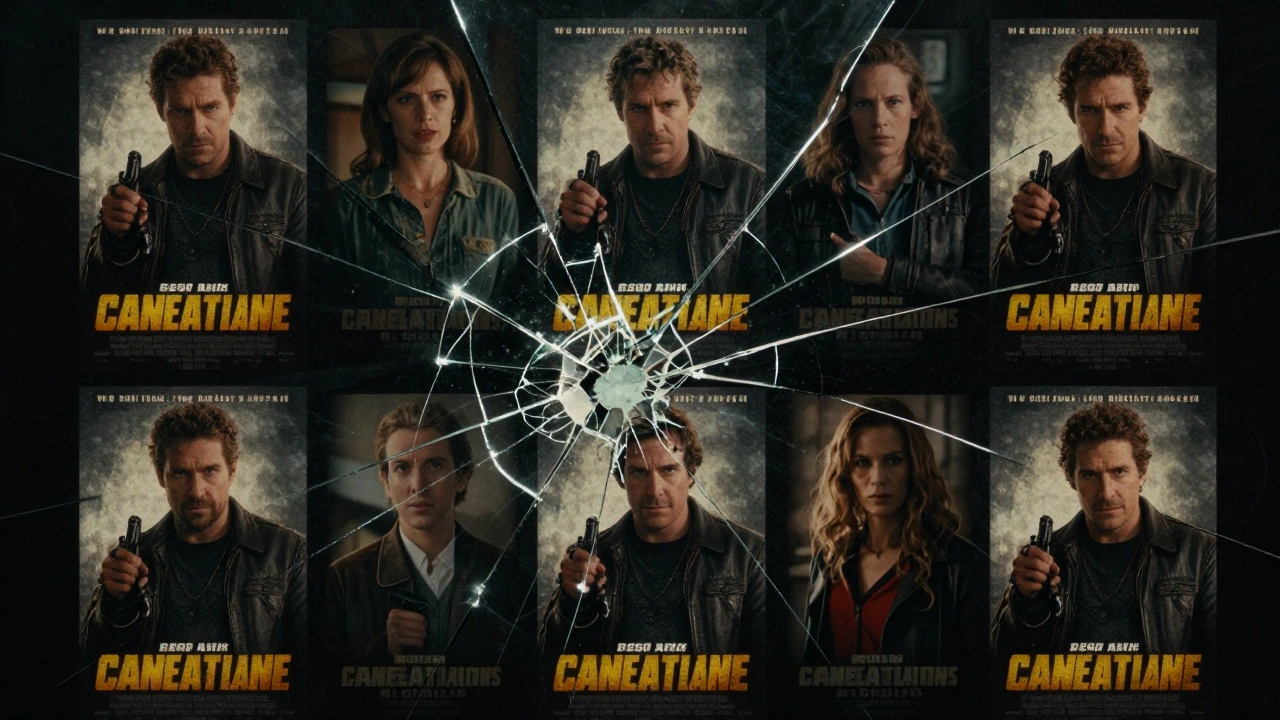 A fractured mirror showing repetitive blockbusters, with fading art films in the cracks.