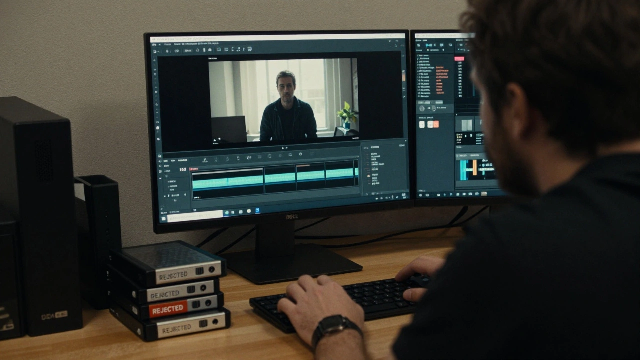A frozen film playback on an old workstation due to incorrect frame rate, with rejected drives on the desk.