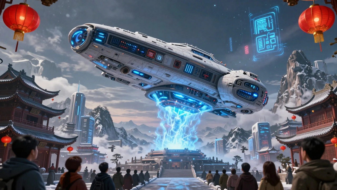 A giant Chinese spaceship launches from a mountain range under a sky filled with holographic cultural symbols.