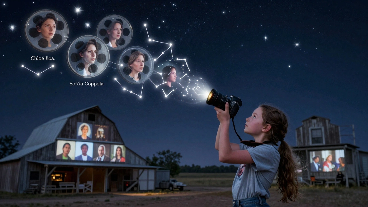 A girl in Oklahoma lifts a camera to the stars, film reels forming constellations above.