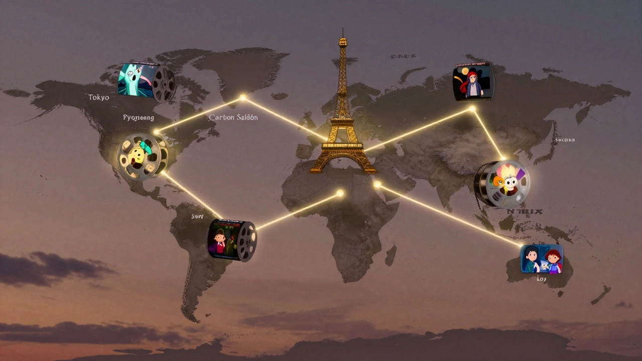 A global map showing animated film studios connected by glowing reels of emotional stories.