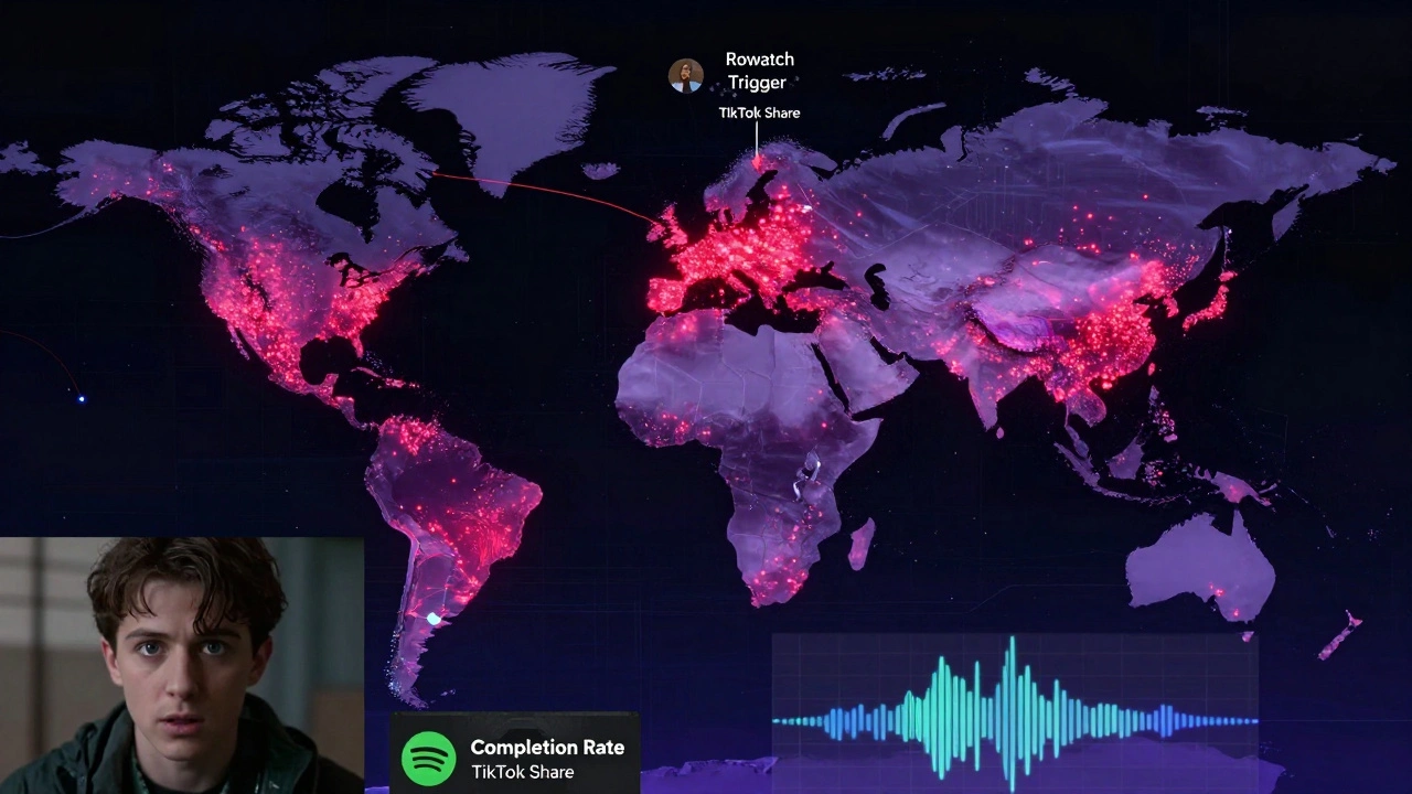 A global map with data streams showing viewer engagement for a streaming film, connected to algorithmic prompts and social media trends.