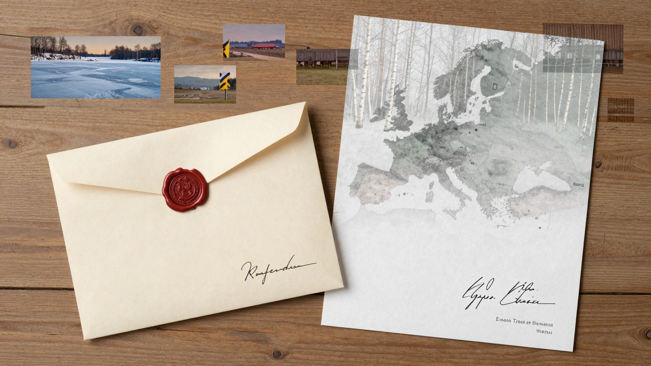 A handwritten letter and signed script lie beside fading images of seven European landscapes.