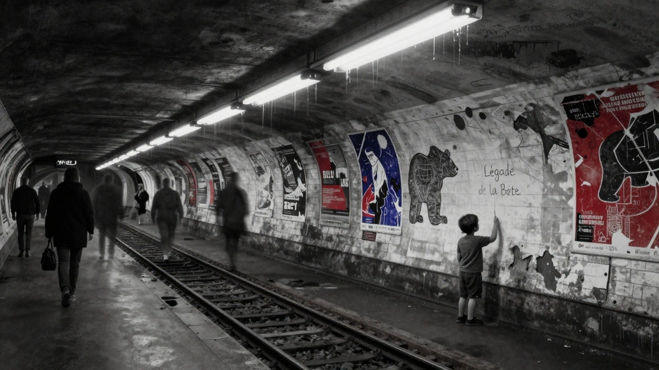 A haunting, empty Paris metro station at night with ghostly figures and chalk drawings on the walls.