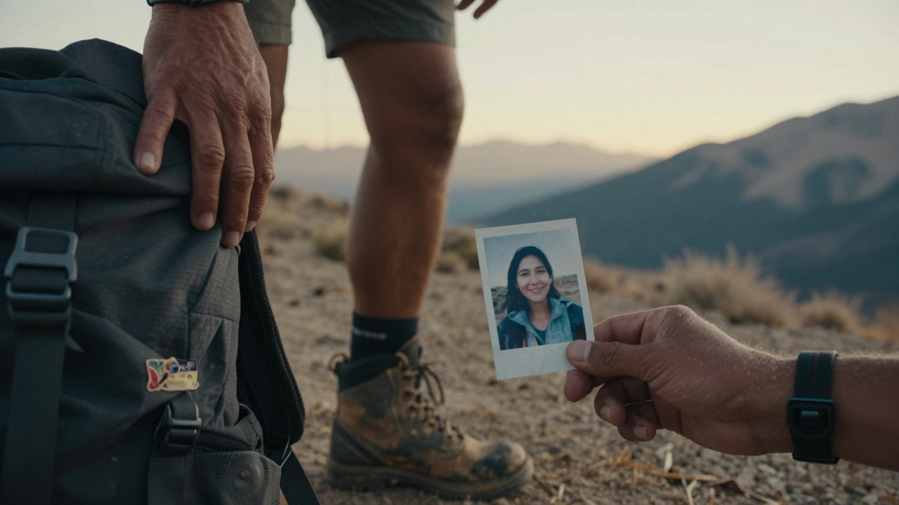 A hiker's trembling hand gripping a backpack strap on a desert trail, with a faded photo of her mother in the other hand.